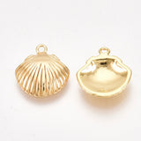 Brass Charms, Shell, Nickel Free, Real 18K Gold Plated, 13x11.5x2.5mm, Hole: 1.2mm, 2pc/Set