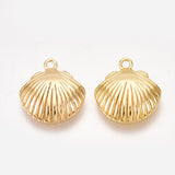 Brass Charms, Shell, Nickel Free, Real 18K Gold Plated, 13x11.5x2.5mm, Hole: 1.2mm, 2pc/Set