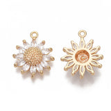 Brass Micro Pave Cubic Zirconia Pendants, Nickel Free, Daisy, Clear, Real 18K Gold Plated, 21x17x5.5mm, Hole: 1.6mm