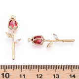 Brass Micro Pave Cubic Zirconia Pendants, Nickel Free, Real 18K Gold Plated, Rose Flower, Cerise, 29x9x5mm, Hole: 1mm, 2pcs/Set