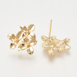 Brass Ear Stud Findings, with Loop, Flower, Nickel Free, Real 18K Gold Plated, 14.5x15mm, Hole: 1mm, Pin: 0.8mm, 2pc/Set