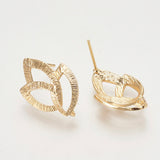 Brass Ear Stud Findings, with Loop, Leaf, Nickel Free, Real 18K Gold Plated, 22x14.5mm, Hole: 2mm, Pin: 0.8mm, 2pc/Set