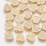 Brass Cubic Zirconia Charms, Heart, Clear, Real 18K Gold Plated, 7.5x6.5x1.5mm, Hole: 0.8mm, 2pc/Set