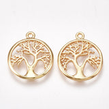 Brass Pendants, Flat Round with Tree of Life, Real 18K Gold Plated, 18x15x1.5mm, Hole: 1.2mm, 2pc/Set