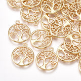 Brass Pendants, Flat Round with Tree of Life, Real 18K Gold Plated, 18x15x1.5mm, Hole: 1.2mm, 2pc/Set