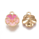 Brass Enamel Charms, Nickel Free, Real 18K Gold Plated, Flower, Pink, 12x10.5x4mm, Hole: 1.5mm, 5pc/Set