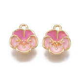 Brass Enamel Charms, Nickel Free, Real 18K Gold Plated, Flower, Pink, 12x10.5x4mm, Hole: 1.5mm, 5pc/Set