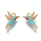 Brass Enamel Charms, Nickel Free, Real 18K Gold Plated, Bird, Sky Blue, 9.5x14x7.5mm, Hole: 1.6mm, 2pc/Set