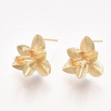 Brass Stud Earring Findings, with Loop, Real 18K Gold Plated, Nickel Free, Flower, 13.5x15mm, Hole: 1.4mm, Pin: 0.8mm, 4pc/Set