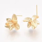 Brass Stud Earring Findings, with Loop, Real 18K Gold Plated, Nickel Free, Flower, 13.5x15mm, Hole: 1.4mm, Pin: 0.8mm, 4pc/Set