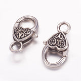 Tibetan Style Heart Lobster Claw Clasps, Cadmium Free & Lead Free, Antique Silver, about 25.5mm long, 14mm wide, 6mm thick, hole: 4mm, 5pc/Set