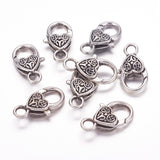 Tibetan Style Heart Lobster Claw Clasps, Cadmium Free & Lead Free, Antique Silver, about 25.5mm long, 14mm wide, 6mm thick, hole: 4mm, 5pc/Set