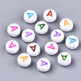 Opaque White Acrylic Beads, Flat Round with Mixed Color Letter, Letter, 7x3.5mm, Hole: 1.2mm, 200pcs/Set