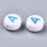 Opaque White Acrylic Beads, Flat Round with Mixed Color Letter, Letter, 7x3.5mm, Hole: 1.2mm, 200pcs/Set