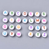 Opaque White Acrylic Beads, Flat Round with Mixed Color Letter, Letter, 7x3.5mm, Hole: 1.2mm, 200pcs/Set