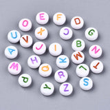 Opaque White Acrylic Beads, Flat Round with Mixed Color Letter, Letter, 7x3.5mm, Hole: 1.2mm, 200pcs/Set