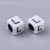 Opaque Acrylic Beads, Horizontal Hole, Cube with Random Initial Letter, White, 6x6x6mm, Hole: 3.5mm, 200pc/Set