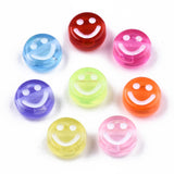 Transparent Acrylic Beads, Flat Round with White Smiling Face, Mixed Color, 10x5mm, Hole: 2mm, 100pc/Set