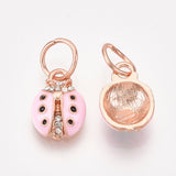 Alloy Charms, with Rhinestone and Enamel, Ladybug, Pink, Crystal, Rose Gold, 14.5x10x4mm, Hole: 6mm, 5pc/Set