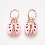 Alloy Charms, with Rhinestone and Enamel, Ladybug, Pink, Crystal, Rose Gold, 14.5x10x4mm, Hole: 6mm, 5pc/Set