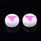 Initial Acrylic Beads, Horizontal Hole, Flat Round, Mixed Color, Letter.A, 7x3.5~4mm, Hole: 1.2mm, 200pc/Set