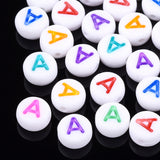 Initial Acrylic Beads, Horizontal Hole, Flat Round, Mixed Color, Letter.A, 7x3.5~4mm, Hole: 1.2mm, 200pc/Set