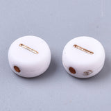 Plating Acrylic Beads, for Name Bracelets & Jewelry Making, Metal Enlaced, Horizontal Hole, Alphabet Style, Flat Round, Light Gold Plated, White, 7x4mm, Hole: 1.2~1.5mm, about 146pcs/20g