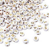 Plating Acrylic Beads, Metal Enlaced, Horizontal Hole, Mixed Letters, Flat Round, Golden Plated, 7x4mm, Hole: 1.8mm, 200pcs/Set