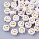 Plating Acrylic Beads, Metal Enlaced, Flat Round with Heart, Golden Plated, 7x4mm, Hole: 1.5mm, 200pc/Set