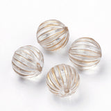 Plating Transparent Acrylic Beads, Golden Metal Enlaced, Corrugated Round, Clear, 14mm, Hole: 2mm, 10pc/Set