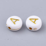 Plating Acrylic Beads, Golden Metal Enlaced, Horizontal Hole, Flat Round with Alphabet, White, Letter.A, 7x3.5mm, Hole: 1.2mm, about 360pcs/50g