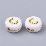 Plating Acrylic Beads, Golden Metal Enlaced, Horizontal Hole, Flat Round with Alphabet, White, Letter.C, 7x3.5mm, Hole: 1.2mm, about 360pcs/50g