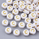 Plating Acrylic Beads, Golden Metal Enlaced, Horizontal Hole, Flat Round with Alphabet, White, Letter.C, 7x3.5mm, Hole: 1.2mm, about 360pcs/50g