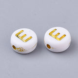 Plating Acrylic Beads, Golden Metal Enlaced, Horizontal Hole, Flat Round with Alphabet, White, Letter.E, 7x3.5mm, Hole: 1.2mm, about 360pcs/50g