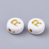 Plating Acrylic Beads, Golden Metal Enlaced, Horizontal Hole, Flat Round with Alphabet, White, Letter.R, 7x3.5mm, Hole: 1.2mm, about 360pcs/50g