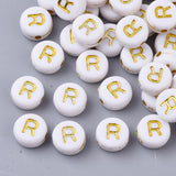 Plating Acrylic Beads, Golden Metal Enlaced, Horizontal Hole, Flat Round with Alphabet, White, Letter.R, 7x3.5mm, Hole: 1.2mm, about 360pcs/50g