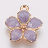 Zinc Alloy Enamel Pendants, Flower, Golden, Lilac, 16.5x14.5x2.5~3mm, Hole: 1.5mm, 10pc/Set