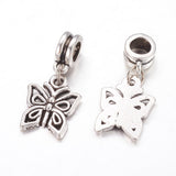 Alloy European Dangle Charms, Butterfly, Antique Silver, 27mm, Hole: 5mm, 5pc/Set