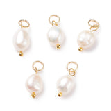 Grade B Natural Cultured Freshwater Pearl Charms, with 304 Stainless Steel Jump Rings, Polished Rice, Golden, 13.5~15x7~7.5x5~6mm, Hole: 3.6mm, 10pcs/Set