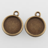 Vintage Flat Round Alloy Pendant Cabochon Settings, Cadmium Free & Nickel Free & Lead Free, Antique Bronze, Tray: 12mm, 18x15x3mm, Hole: 1.5mm, 10pc/Set