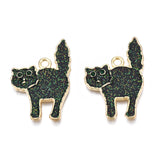 Halloween Rack Plating Alloy Enamel Pendants, Ghost, Cadmium Free & Nickel Free & Lead Free, with Emerald Rhinestone and Glitter Powder, Cat, Light Gold, 27x19x1.5mm, Hole: 1.8mm, 20pc/Set