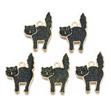 Halloween Rack Plating Alloy Enamel Pendants, Ghost, Cadmium Free & Nickel Free & Lead Free, with Emerald Rhinestone and Glitter Powder, Cat, Light Gold, 27x19x1.5mm, Hole: 1.8mm, 20pc/Set