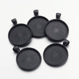 Electrophoresis Alloy Flat Round Pendant Cabochon Settings, Plain Edge Bezel Cups, Cadmium Free & Nickel Free & Lead Free, Black, Tray: 25mm, 36.5x28x3mm, Hole: 7x4mm, 10pc/Set