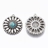 Tibetan Style Alloy Pendants, with Synthetic Turquoise, Cadmium Free & Lead Free, Flower, Antique Silver, 34x30x6mm, Hole: 1.8mm, 2pc/Set