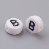 Flat Round with Letter B Acrylic Beads, with Horizontal Hole, White & Black, Size: about 7mm in diameter, 4mm thick, hole: 1mm, 100pc/Set