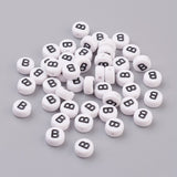 Flat Round with Letter B Acrylic Beads, with Horizontal Hole, White & Black, Size: about 7mm in diameter, 4mm thick, hole: 1mm, 100pc/Set