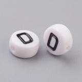 Flat Round with Letter D Acrylic Beads, with Horizontal Hole, White & Black, Size: about 7mm in diameter, 4mm thick, hole: 1mm, 100pc/Set