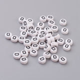 Flat Round with Letter D Acrylic Beads, with Horizontal Hole, White & Black, Size: about 7mm in diameter, 4mm thick, hole: 1mm, 100pc/Set