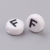 Flat Round with Letter F Acrylic Beads, with Horizontal Hole, White & Black, Size: about 7mm in diameter, 4mm thick, hole: 1mm, 100pcs/Set