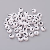 Flat Round with Letter F Acrylic Beads, with Horizontal Hole, White & Black, Size: about 7mm in diameter, 4mm thick, hole: 1mm, 100pcs/Set